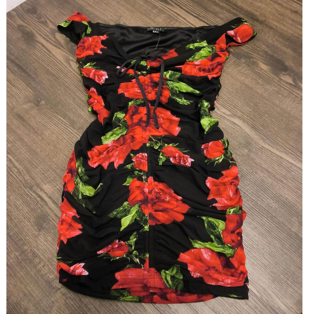 Plus Size 0X Ruched Rose Print Black Mesh Dress Forever 21+ Adjustable Sexy